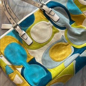 Coach Suede Leather Shoulder Tote Colorful Patchwork Tote Bag